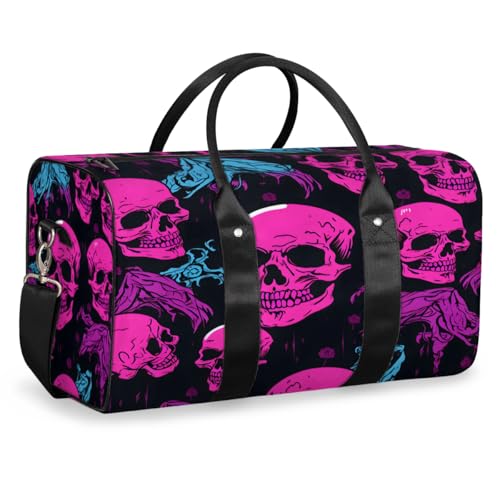 Skull Travel Duffle Bag, Sports Gym Bags for Women Men, Carry On Weekender Overnight Bag, Spooky Skull Workout Hospital Airplane Trips Bag