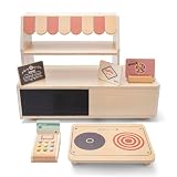 Woet Drewniany sklep i restauracja dla dzieci - imitacja zabawki z odwracalną płytą kuchenną, tacą, terminalem płatniczym