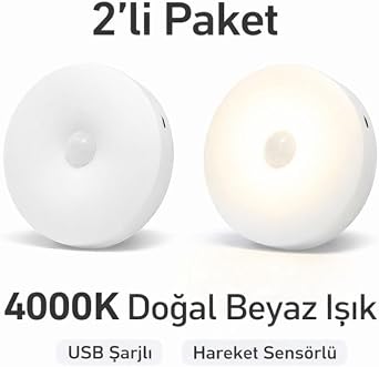 2’li Set Sensörlü LED Kabin Işığı Gece Lambası | 1,5W | 4000K Doğal Beyaz | 150 Lümen | USB Şarjlı | Manyetik & Bantlı | Mutfak Dolabı, Merdiven, Gardırop Aydınlatma Karanlıkta Harekete Duyarlı [Enerji Sınıfı F]