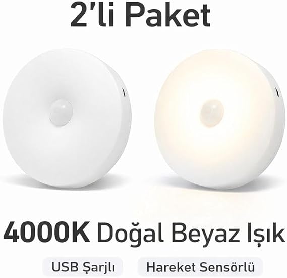 2’li Set Sensörlü LED Kabin Işığı Gece Lambası | 1,5W | 4000K Doğal Beyaz | 150 Lümen | USB Şarjlı | Manyetik & Bantlı | Mutfak Dolabı, Merdiven, Gardırop Aydınlatma Karanlıkta Harekete Duyarlı [Enerji Sınıfı F]
