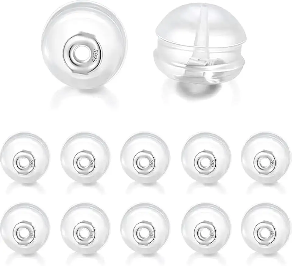 sunshot Conjunto de 12 Tarraxas Brincos, Em Silicone Prateado S925, com Trava de Segurança Brincos de Pino/Orelhas Caídas, Macias e Transparentes, Hipoalergênicas e Não Irritantes, Ideais Adultos