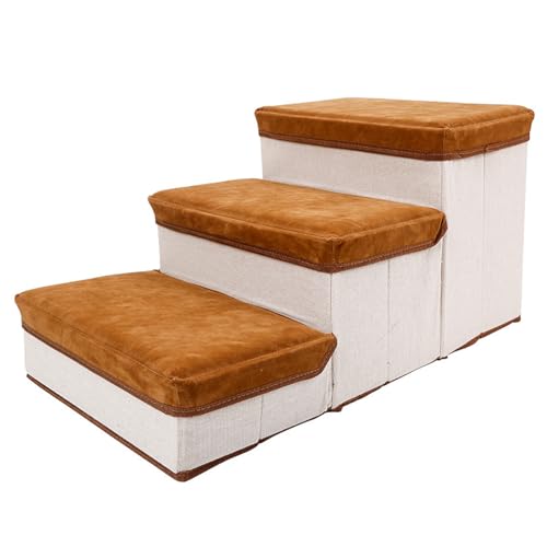 Supportive Pet Stairs for High Bed Sofa 3 Steps Dog Stairs with NonSkid Bottom Washable Cover Storage Box Cats Staircase Pet Lad