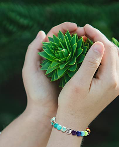 Bomail 10Pcs Tree Of Life Healing Crystals Bracelet - 7 Chakra Semi Precious Stones Beaded Bracelets Yoga Stress Relief Reiki Stretch Bracelets For Women Men #TOP2