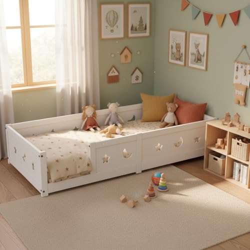 Cama de suelo de 90 x 200 cm, cama infantil Montessori con protección anticaída y somier de láminas, diseño de estrellas y lunas, cama infantil Toddler Bed para niños y niñas, de madera maciza de pino