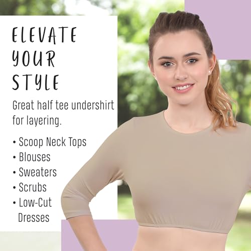 Image of Kosher Casual Women's Modest High Neck Cropped Layering Shell - Cotton Spandex 3-4 Sleeve Base Pullover Top