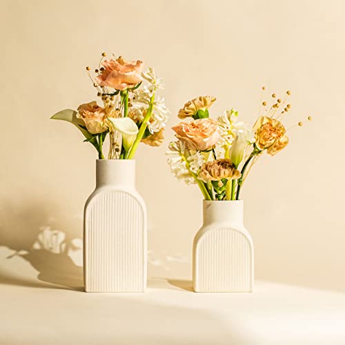Home Habitat Nordic Vases - 2 Piece Set, Small And Large Ribbed Vase, Bottle Flower Planter Set. Ceramic Vases For Home Decor. Neutral Home Decor, Coastal Decor For Home, Centerpiece For Table #TOP5