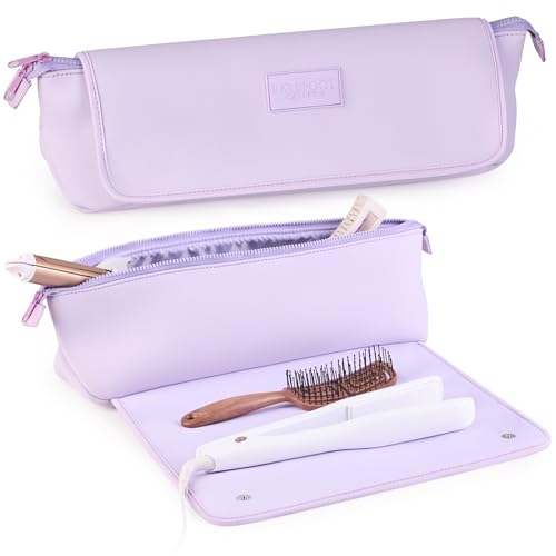 BAREFOOT CARIBOU Hair Tools Travel Bag and Heat Resistant Mat (15.5") for Flat Irons, Straighteners, Curling Iron,and Haircare Accessories, 2-in-1 design, Interior Pockets, Organizer (Checkered Peach)