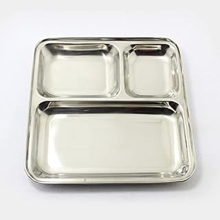 Ruchi Crafts Set of 2 Stainless Steel Square Multipurpose Dinner Plate 3 Compartment Plate | 3 in 1 Set of 2,Pav Bhaji Plate