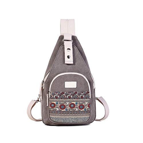 Canvas Sling Bag for Women - Ethnic Small Crossbody Backpack Shoulder Casual Daypack for Hiking Walking (BP-Grey)