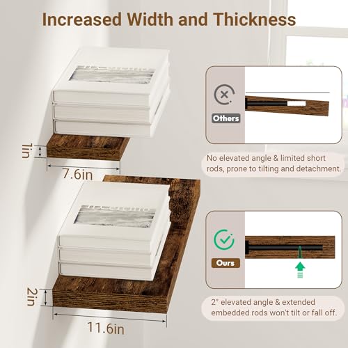Image of 24 Inch Floating Shelves, 12 Inch Deep Floating Shelves for Wall, Extra Deeper & Thicker Wooden Wall Shelf with Invisible Brackets, Shelf for Bedroom Home Decor(Rustic Brown, Set of 2)