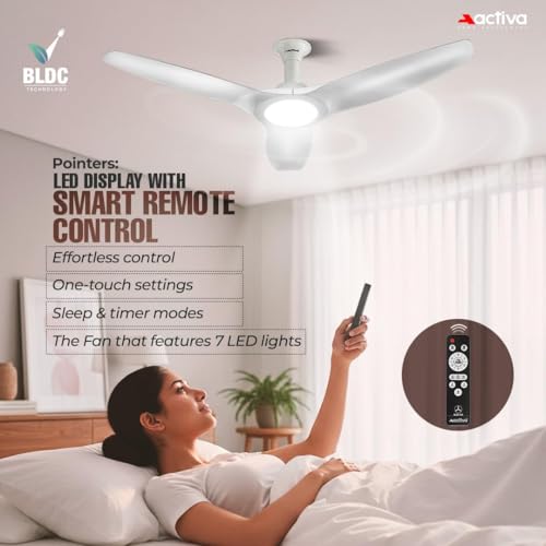 Image of ACTIVA Silentair 1200mm BLDC Ceiling Fan with LED Light & Remote | 28W BEE 5 Star Fan | Reversible Mode | High Speed Airflow | Silent Operation | Premium Decorative Ceiling Fan | (White)