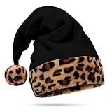 Hexonomy Black Santa Hat - Leopard Print Trim, Faux Fur - Tan Brown Animal Cheetah Print - Fun Christmas - Adult, 1 Size