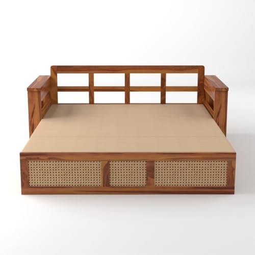 Image of PS DECOR Solid Sheesham Wood 3 Seater Sofa Cums Bed with Cane Panel | Wooden Sofa Bed with Cushioned Seating & Backrest