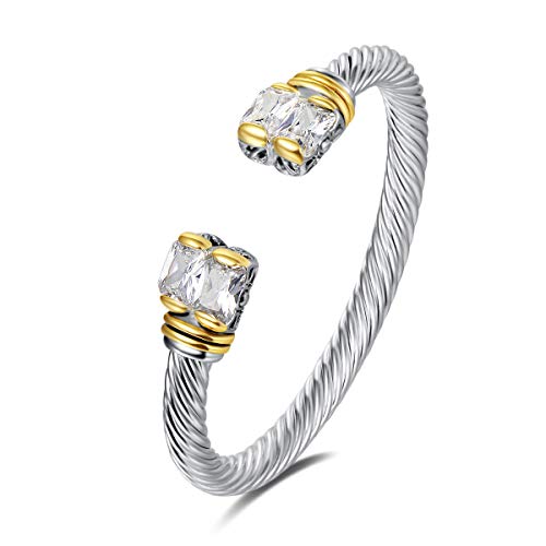 UNY Designer Inspired Jewelry Double CZ Cable Wire Antique Bangle Elegant Beautiful (White)