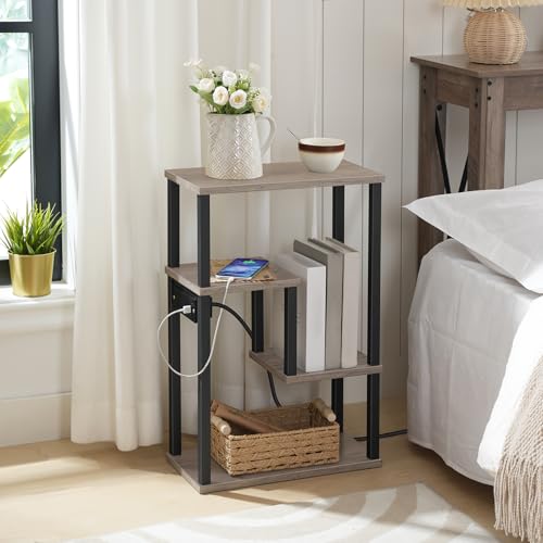 HOOBRO-Narrow-End-Table-with-Charging-Station-Side-Table-with-Ladder-Shelf-for-Small-Spaces-Nightstand-with-Outlet-and-USB-Ports-Bedside-Table-for-Living-Room-Greige-and-Black-BG123UBZ01