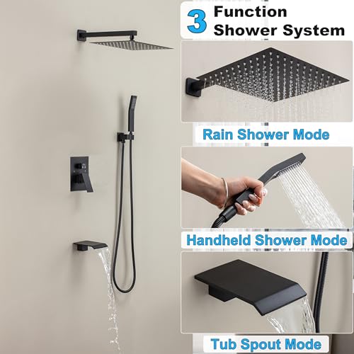 Set de ducha con grifo para baño de 12 pulgadas con cabezal de lluvia y ducha de mano, acabado negro mate miniatura 2