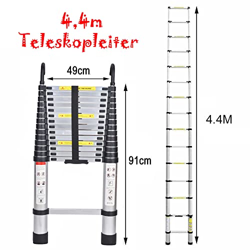 Scala telescopica in alluminio, 4,4 m, con 2 ganci, antiscivolo, allungabile, 15 pioli, scala multifunzione, facile da trasportare, portata 150 kg, colore argento