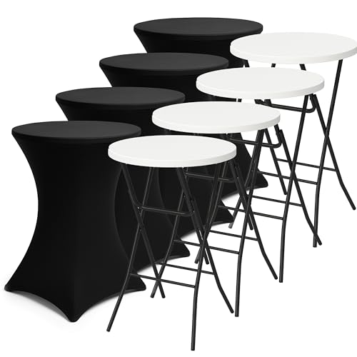 Brixy 4x Stabiler Stehtisch + 4x Schwarzer Stehtischrock - Partytisch - Robust und witterungsbeständig - Zusammenklappbar - 80cm x 110cm - Party - Weiß/Grau