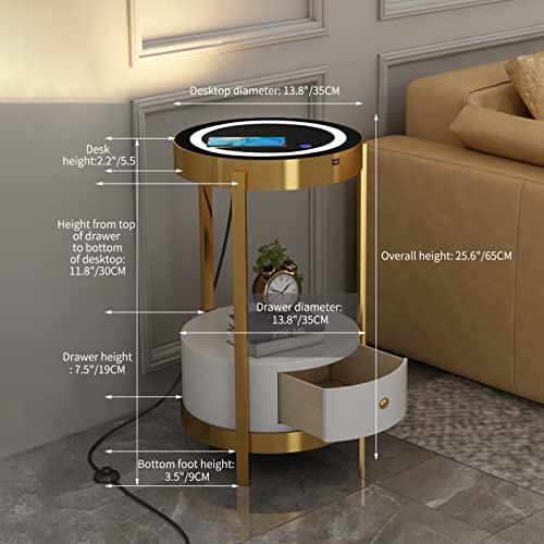 Wangpengkai Gold Smart Led Nightstand With White Drawers,14In Sofa Round End Table With Usb Port Wireless Charging Station,Small Coffee Table/Bedside Table/Side Table For Bedroom/Living Room #TOP2