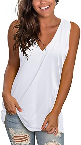 Womens Casual Tops Sleeveless Basic Tees Deep V Neck White Tank Top Hi-Lo Hem White M