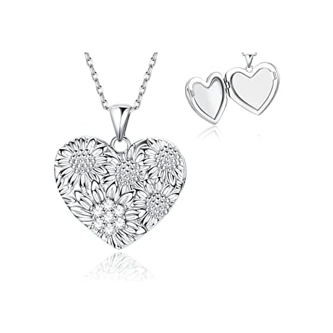Fansilver Sunflower Heart Shaped Locket Necklace That Holds Pictures Photo Flower Lockets Pendant Necklaces Gifts Jewelry, Cubic Zirconia Cover
