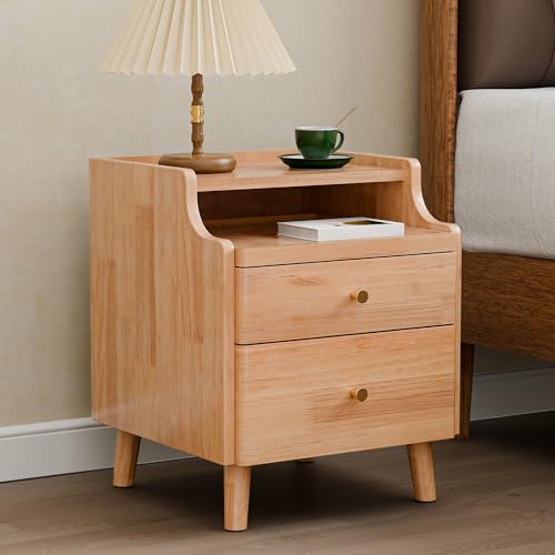 Image of Nightstand Set of 2, Pre-Assembled, 19.7 inchH Solid Wood Night Stand with 2 Drawers, Open Sliding Shelf, Mid Century Modern Small Bedside Table for Bedroom, Natural Oak 16 inch