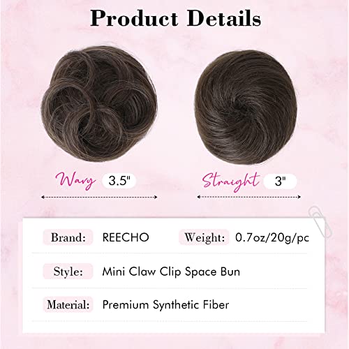 Reecho Space Bun Hair Pieces, 2 Pcs Mini Claw Clip In Messy & Cat Ears Fake Hair Bun Extensions Wig Accessory Updo Hairpieces For Women Girls (Pack Of 2-3.5" Wavy, Medium Ash Brown) #TOP2