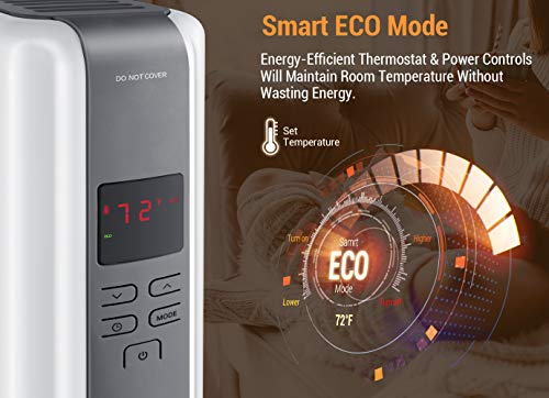 Space Heater, 1500W Oil Filled Radiator Heaters Indoor Portable Electric with Remote, Built-in 24-Hrs Auto On/Off Timer, Digital Thermostat, ECO Mode, Safe and Quiet Heater for Home Office Use, White