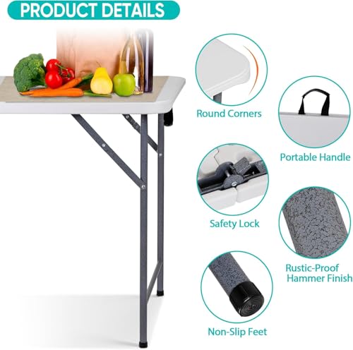 Nouva 4FT Plastic Folding Table, Indoor Outdoor Portable Fold-in-Half Dining Picnic Table w/Carrying Handle for Picnic, Party, Camping,Office, White - Thumbnail 4
