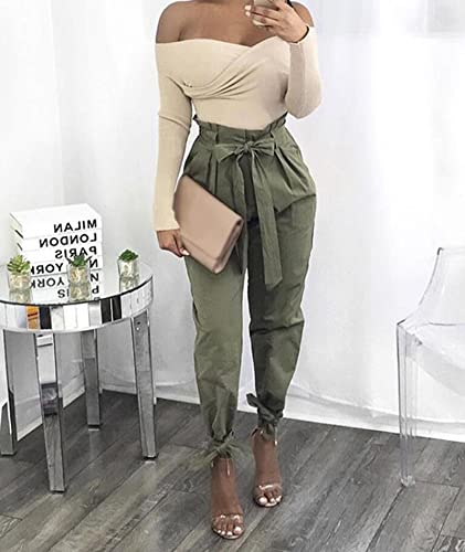 SOMTHRON Women's Casual Loose Paper Bag Long Pants High Waist Cropped Pencil Dressy Trouser with Pockets4