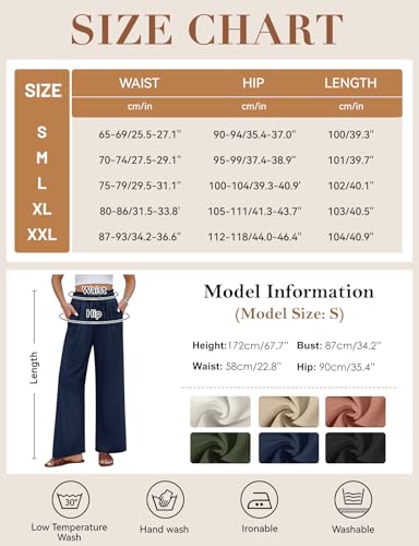 UMIPUBO Womens Cotton Linen Trousers Casual Palazzo Pants Elasticated High Waist Drawstring Wide Leg Beach Pants with Pockets Flowy Loose Lightweight Summer Bottoms Trousers for UK (Navy, S) - Image 6