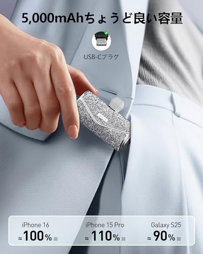 iWALK モバイルバッテリー おしゃれ 【2025年新登場・きらめく可愛いモバイルバッテリー・光沢感アップ】 軽量 小型 5000mAh 大容量 タイプc 直挿しできるモバイル充電器 USB Type-C 端子一体型 コンパクト iPhone 17/16/15/iPad/Android対応 機内持ち込み可 旅行/出張 PSE認証済み「ギフト＆パーティーにぴったり」 (きらめくシルバー)