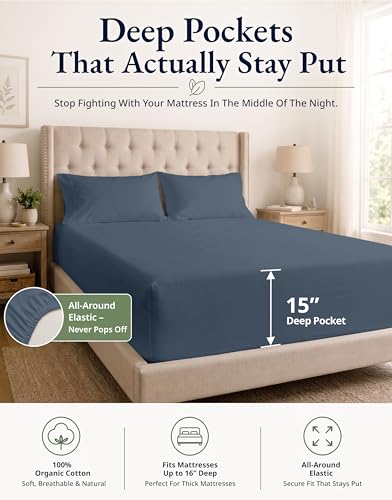 Image of LANE LINEN Full Fitted Sheet, 100% Organic Cotton, 3Pc Set (1 Fitted Sheet,2 Pillowcases), Percale Weave, Full Bed Bottom Sheet, Ultra Soft, Fits Mattress Upto 15 inch Deep - Estate Blue (No Flat Sheet)