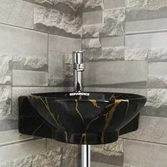 REMANENCE Wall Mounted Wash Basin for Bathroom | Ceramic Wash Basin Wall Hung Small Corner Wash Basin/Sink (16.3 x 13.8 x 4.3 Inch) (Black Gold Jelly)