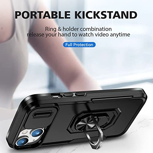 Image of Polycarbonate Back Cover Case Compatible for Apple iPhone 15 Plus with Slide Camera Cover & Rotated Ring Stand | Military Grade Mobile Phone Cover Case for Apple iPhone 15 Plus (Black)