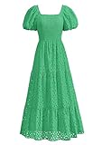 PRETTYGARDEN Summer Dresses for Women 2025 Eyelet Square Neck Puff Sleeve Smocked Wedding Guest Maxi Dress with Pockets (Green,XX-Large)