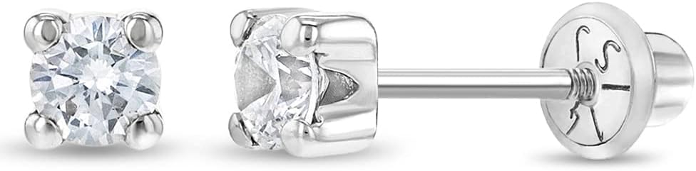 14k White Gold Girl's Clear Cubic Zirconia Prong Set Solitaire Screw Back Earring Studs - Small Elegant Round Screw Back Earring Set for Infants and Toddlers