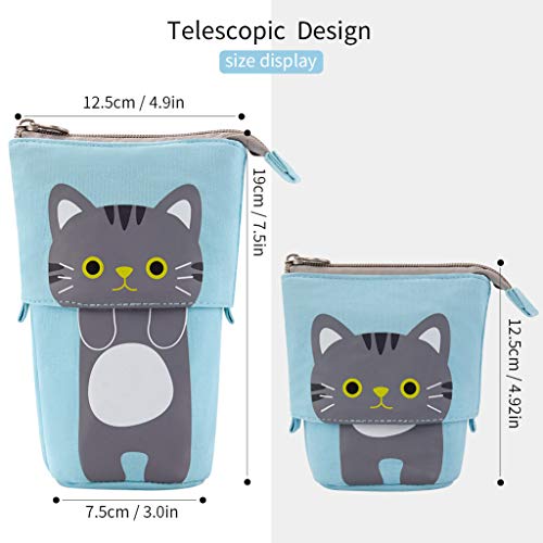 EASTHILL Cartoon Cat Canvas Aesthetic Pencil Pouch | Standing Pen Pouch for Students, Boys & Girls | Cute Korean & Japanese Stationery Case (Blue)