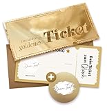 Goldenes Ticket mit Rubbelaufkleber - Gutschein zum selber ausfüllen inkl. Kuvert - Zeit statt Zeug - Geschenke für Frauen, Geschenk für Freundin, Geburtstagskarte, Kinogutschein, Geburtstagsgeschenk