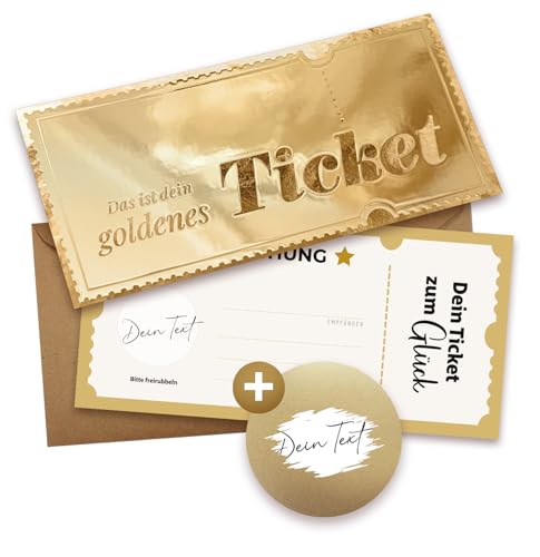 Goldenes Ticket mit Rubbelaufkleber - Gutschein zum selber ausfüllen inkl. Kuvert - Zeit statt Zeug - Geschenke für Frauen, Geschenk für Freundin, Geburtstagskarte, Kinogutschein, Geburtstagsgeschenk