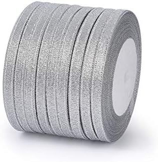 Pandahall 10Rolls/250yards/228meters 1/4" Wide Sparkle Organza Ribbon Fabric Cord Double Sided Lace for Jewelry Craft Making Gift Package Bow Supplies Wedding Party Favor Decoration Silver Color
