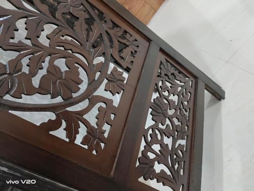 Image of Wooden Room Divider Decorative Foldable Privacy Screen Hand Carved Partition for Living Room Bedroom Office Decor (6 Feet 2 Panel Dark Brown Each Panel Size 72X20 Inch)
