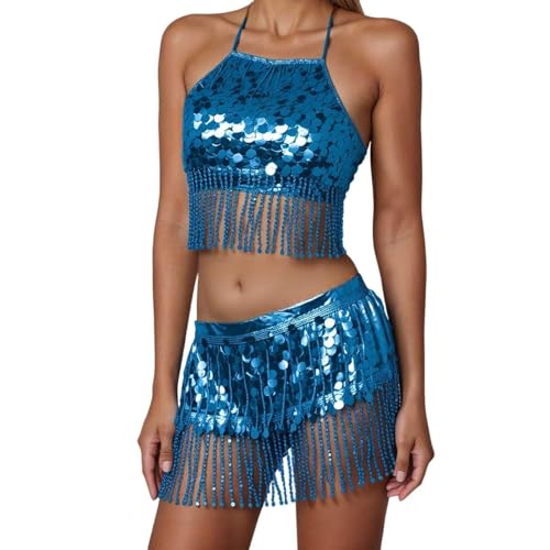 Belly Dance Skirt with Crop Top Sequins Fringe Skirts Set Rave Dance Bra Top Party Costume Outfits for Women