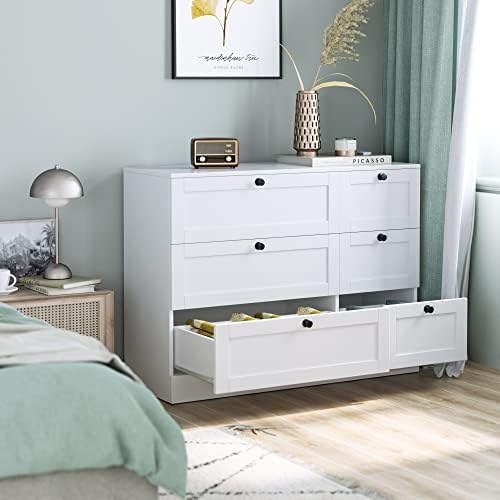 HOCSOK Chest of Drawers, Wooden Bedroom Cabinet with 6 Drawers, White Storage Drawer Chest for Livingroom, 108x40x82 cm