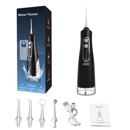 口腔洗浄器 ジェットウォッシャー ウォーターフロッサ替えノズル4本 4種類の水流モード 310MLタンク USB充電式 IPX7防水 (ブラック)