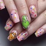 Christmas Press on Nails Short Square Christmas Fake Nails with Glitter Full Cover Pink Acrylic Nail