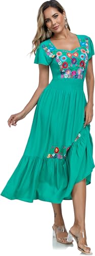 Image of Women's Summer Maxi Dress Casual Floral Embroidered Round Neck Short Sleeve Ruffle Tiered Dress Flowy Boho Beach Sundress