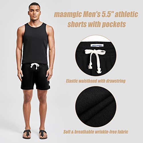 Maamgic Mens Athletic Gym Shorts 5.5" Elastic Waist Casual Pajama Pocket Jogger Men Workout Short Pants Black #TOP1