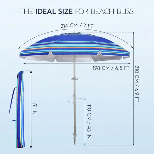 7ft Beach Umbrella with Sand Anchor & Tilt, UPF 50+ Protection Beach Umbrellas for Sand, Beach Umbrellas for Heavy Duty Wind Portable with Carry Bag, for Patio Garden Pool, Dark Blue Stripes by wikiwiki - Used condition - Image 7
