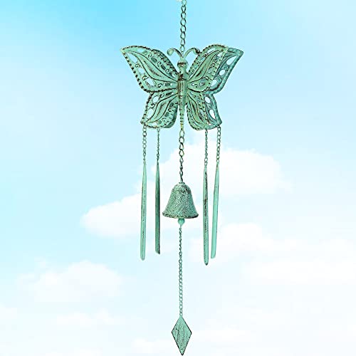 Sungmor 大きなバタフライ ウィンド チャイム 屋外用 素敵でかわいいグリーン 鋳鉄ベル 新築祝い ギフト 壁 天井 木 金属製 垂直吊り下げベル ホーム ガーデン パティオ 屋内 屋外 装飾用